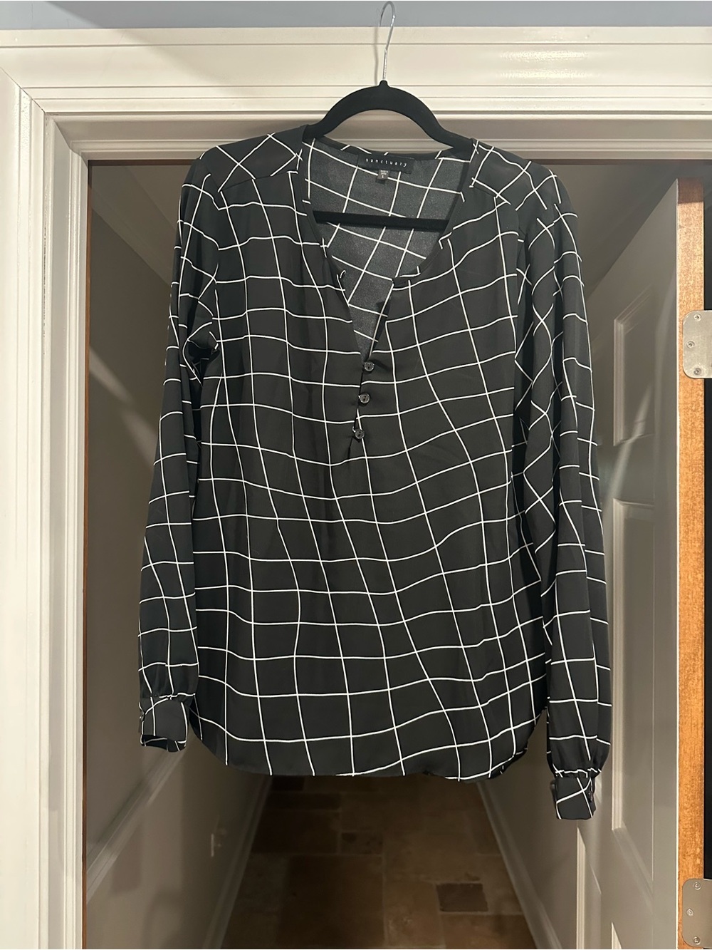 Sanctuary Black Windowpane Henley Button-Down Shirt